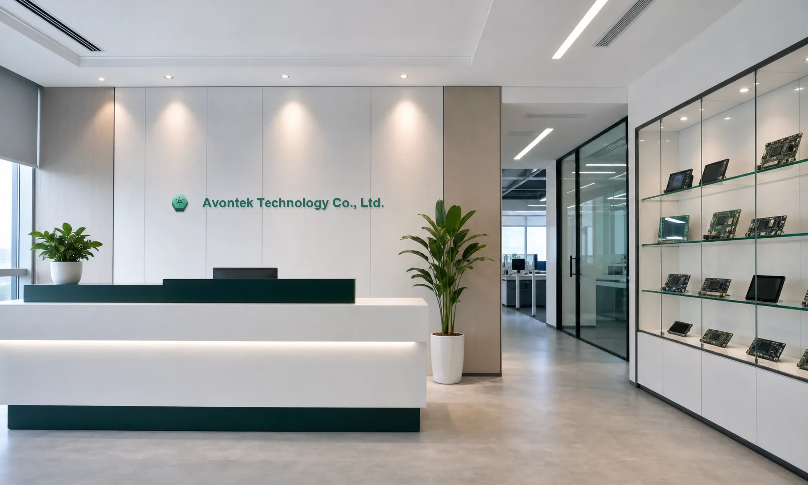 Avontek office reception with company logo and embedded product display