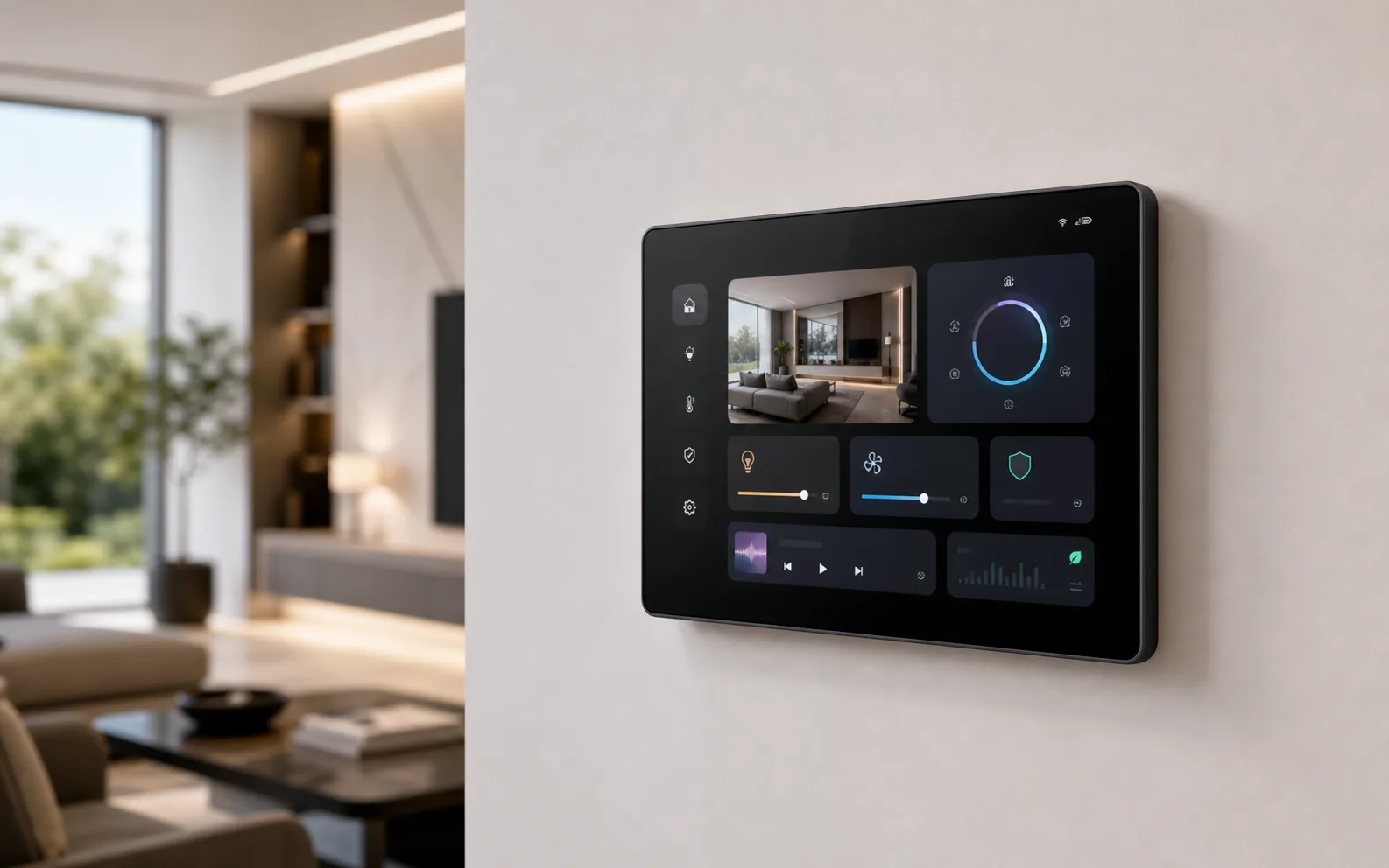 Wall-mounted smart control panel in a modern interior